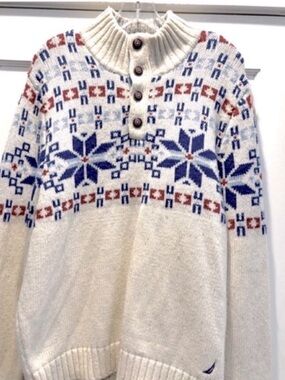 Nautica Alpine Ski Sweater Quarter Button Mens L Cream Red Blue Cabincore Skiing